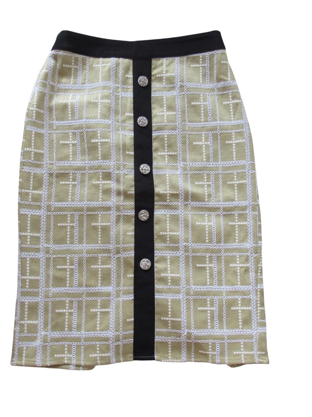 Gracia Tweed Plaid Check Pencil Skirt Small Gold Buttons Office Careerwear